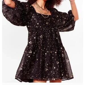 Nasty Gal Metallic Star Print Puff Sleeve Baby Doll Tiered Mini Dress 8